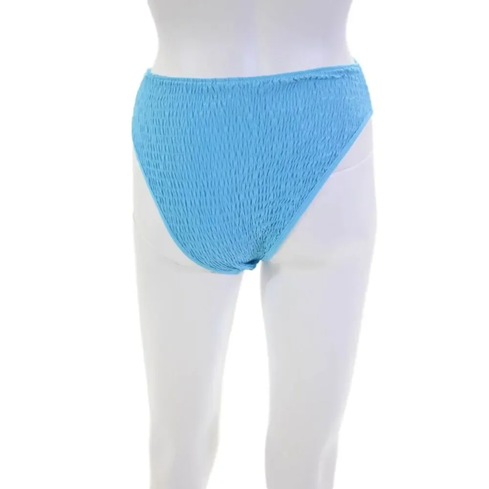 L Space Womens Smocked Solid High Waisted Bikini Bottoms Blue Size XS